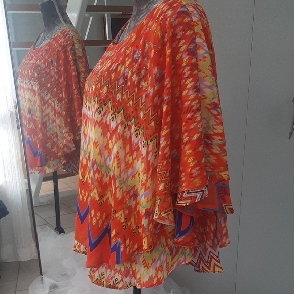 NYGARD🧡CAPE STYLE FLOWY Chic Orange Patterned  Blouse SIZE 2X - Picture 3 of 9